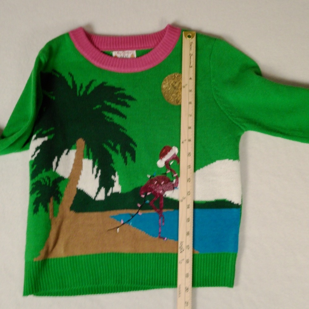 Poof New York Womens Green Flamingo Tropical Ugly Christmas Sweater Size M - Picture 7 of 9